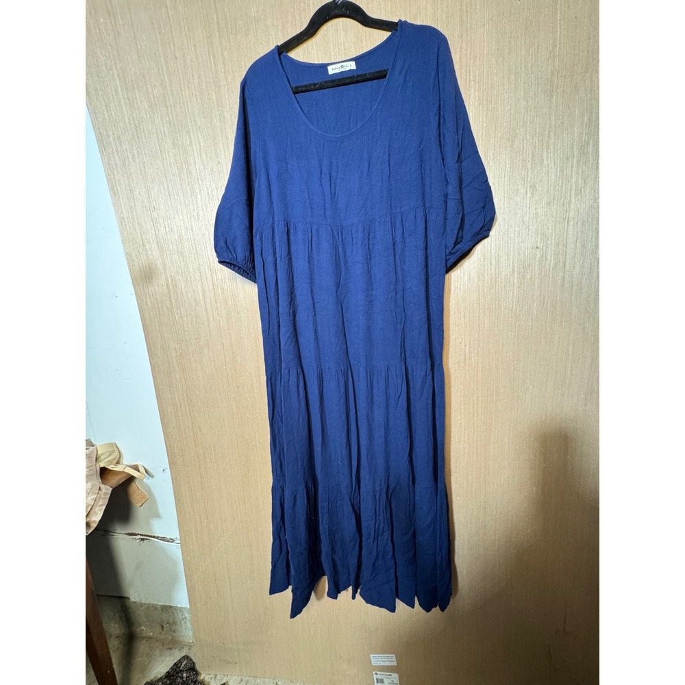 Natural Life Blue Tiered Maxi Dress Womens Large Short Puff Sleeve Boho Rayon